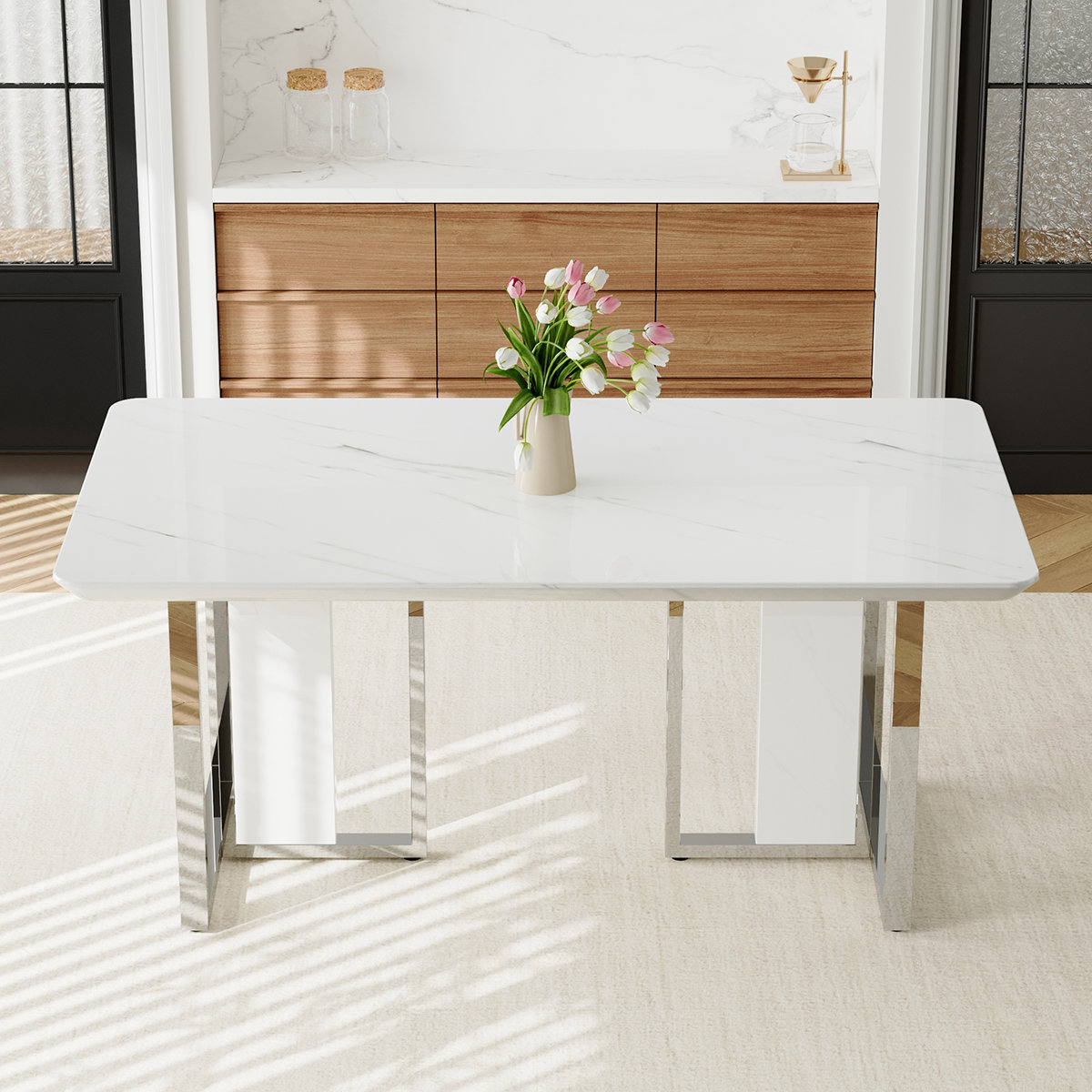 Wrought Studio 63" Dining Table,White Gloss Kitchen Table,1.8" Thick Mdf Board Table Coated By ...
